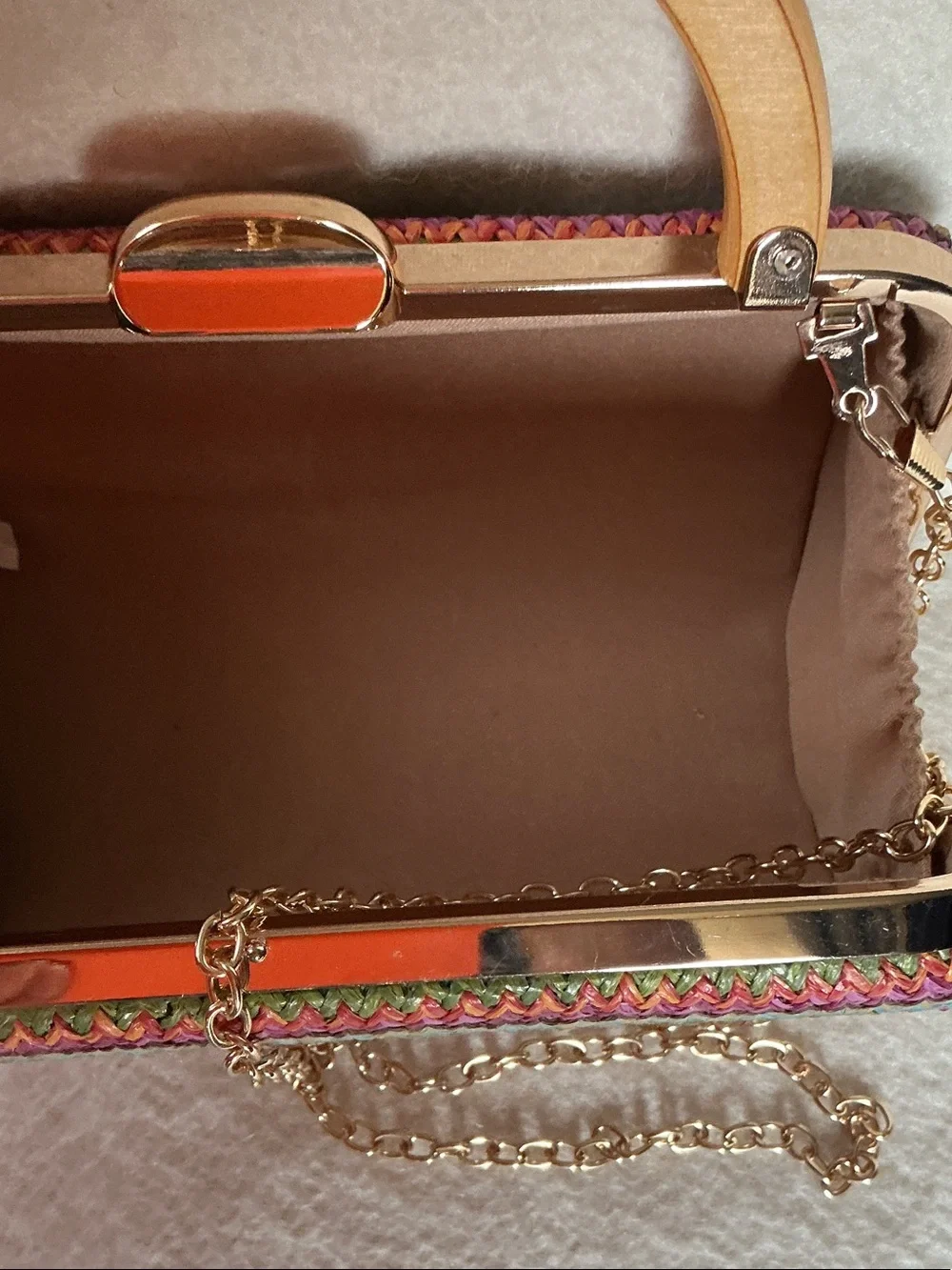 Multicolor Knit Clutch with Gold Handle and Chain Strap